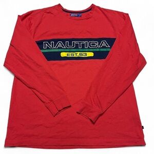 Nautica Vintage Men's Y2K Red Long Sleeve Graphic T-Shirt Size XL